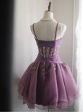 Ndyad Spaghetti Straps Purple A-Line Tulle Short Prom Dresses Homecoming Dresses with Rhinestones HZ1024