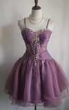 Ndyad Spaghetti Straps Purple A-Line Tulle Short Prom Dresses Homecoming Dresses with Rhinestones HZ1024