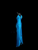 Ndyad Blue V-neck Mermaid Beaded Satin Long Prom Dresses Backless Evening Gowns HZ1024