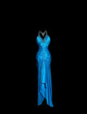 Ndyad Blue V-neck Mermaid Beaded Satin Long Prom Dresses Backless Evening Gowns HZ1024