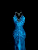 Ndyad Blue V-neck Mermaid Beaded Satin Long Prom Dresses Backless Evening Gowns HZ1024
