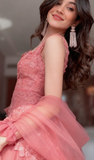 Ndyad Hot Pink Square Neck Mermaid Tulle Appliques Long Prom Dresses Formal Evening Gowns with Capes HZ1024