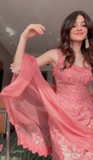 Ndyad Hot Pink Square Neck Mermaid Tulle Appliques Long Prom Dresses Formal Evening Gowns with Capes HZ1024