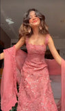 Ndyad Hot Pink Square Neck Mermaid Tulle Appliques Long Prom Dresses Formal Evening Gowns with Capes HZ1024