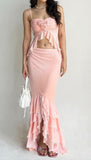 Ndyad Pink Spaghetti Strap Mermaid Chiffon Party Dress with Ruffles HZ1024