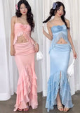 Ndyad Pink Spaghetti Strap Mermaid Chiffon Party Dress with Ruffles HZ1024