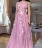 Ndyad Pink One Shoulder A-Line Tulle Applique Long Prom Dresses Formal Evening Gowns HZ1024