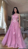 Ndyad Pink One Shoulder A-Line Tulle Applique Long Prom Dresses Formal Evening Gowns HZ1024