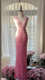 Ndyad Gradient Pink Mermaid V Neck Chiffon Beading Long Prom Dresses Vintage Formal Evening Gowns HZ1024