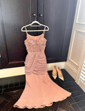 Ndyad Spaghetti Straps Pink Satin Mermaid Appliques Prom Dresses Simple Evening Gowns HZ1024