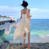 Ndyad White Square Neck A-Line Printed Chiffon Prom Dresses Sweet Birthday Party Dress HZ1024
