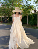 Ndyad White Square Neck A-Line Printed Chiffon Prom Dresses Sweet Birthday Party Dress HZ1024