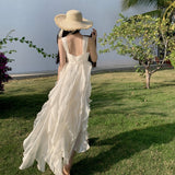Ndyad White Square Neck A-Line Printed Chiffon Prom Dresses Sweet Birthday Party Dress HZ1024