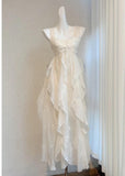 Ndyad White Square Neck A-Line Printed Chiffon Prom Dresses Sweet Birthday Party Dress HZ1024