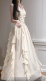 Ndyad Apricot Spaghetti Straps A-Line Chiffon Long Prom Dresses Birthday Evening Gowns HZ1024