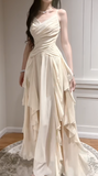 Ndyad Apricot Spaghetti Straps A-Line Chiffon Long Prom Dresses Birthday Evening Gowns HZ1024