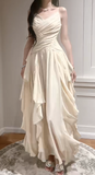 Ndyad Apricot Spaghetti Straps A-Line Chiffon Long Prom Dresses Birthday Evening Gowns HZ1024