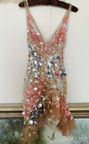 Ndyad V-neck Bodycon Party Dress Sequin Chiffon Short Prom Dresses Sparkly Homecoming Dresses HZ1024