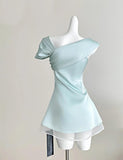 Ndyad Tiffany Blue Asymmetric Neck Chiffon A-Line Party Dress HZ1024