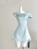 Ndyad Tiffany Blue Asymmetric Neck Chiffon A-Line Party Dress HZ1024