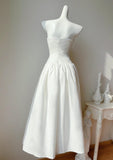 Ndyad White Strapless A-Line Birthday Party Dress Satin Prom Dresses HZ1024