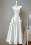 Ndyad White Strapless A-Line Birthday Party Dress Satin Prom Dresses HZ1024