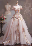 Ndyad Sweetheart Neck Light Champagne A-Line Tulle Long Prom Dresses with Rhinestones HZ1024