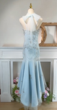 Ndyad Blue Spaghetti Straps Tulle Mermaid Satin Sequin Prom Dresses Retro Birthday Evening Gowns HZ1024