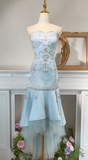 Ndyad Blue Spaghetti Straps Tulle Mermaid Satin Sequin Prom Dresses Retro Birthday Evening Gowns HZ1024