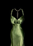 Ndyad Green V-neck Satin Mermaid Long Prom Dresses Vintage Beaded Evening Dress HZ1024