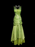 Ndyad Bud Green V-neck Mermaid Satin Beaded Long Prom Dresses Evening Gowns with Appliques HZ1024