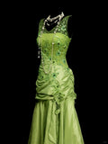 Ndyad Bud Green V-neck Mermaid Satin Beaded Long Prom Dresses Evening Gowns with Appliques HZ1024
