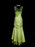 Ndyad Bud Green V-neck Mermaid Satin Beaded Long Prom Dresses Evening Gowns with Appliques HZ1024
