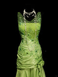 Ndyad Bud Green V-neck Mermaid Satin Beaded Long Prom Dresses Evening Gowns with Appliques HZ1024