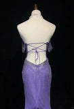 Ndyad Purple Off Shoulder Mermaid Tulle Rhinestone Long Prom Dresses Formal Evening Gowns HZ1024