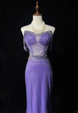 Ndyad Purple Off Shoulder Mermaid Tulle Rhinestone Long Prom Dresses Formal Evening Gowns HZ1024