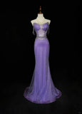 Ndyad Purple Off Shoulder Mermaid Tulle Rhinestone Long Prom Dresses Formal Evening Gowns HZ1024