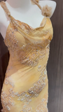 Ndyad Yellow Straps Mermaid Chiffon Beading Long Prom Dresses Vintage Evening Gowns HZ1024
