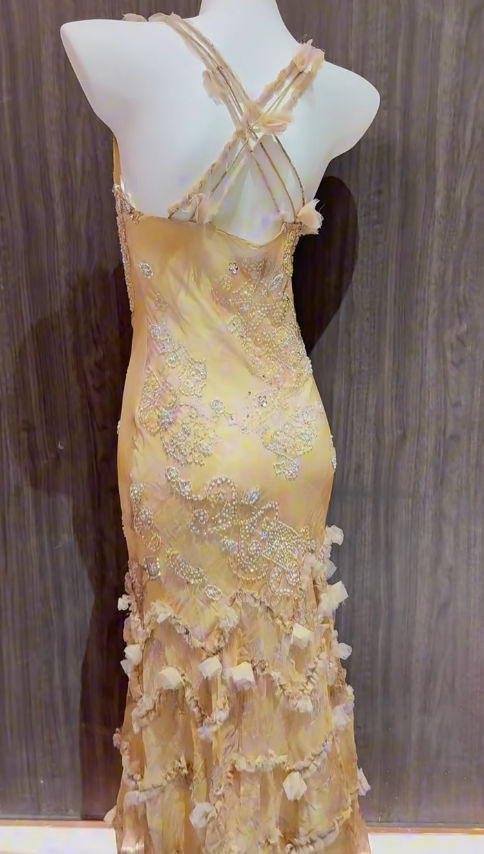 Ndyad Yellow Straps Mermaid Chiffon Beading Long Prom Dresses Vintage Evening Gowns HZ1024
