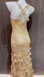 Ndyad Yellow Straps Mermaid Chiffon Beading Long Prom Dresses Vintage Evening Gowns HZ1024