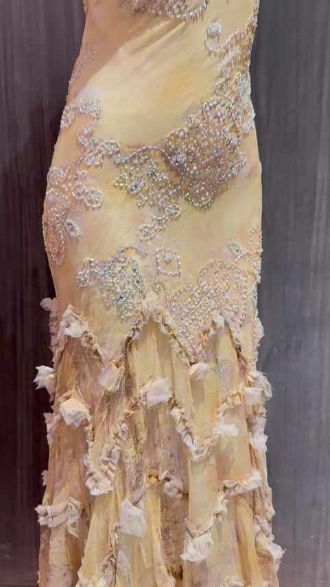 Ndyad Yellow Straps Mermaid Chiffon Beading Long Prom Dresses Vintage Evening Gowns HZ1024