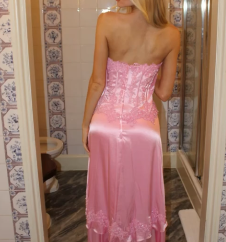 Ndyad Pink Strapless Sheath Satin Lace Applique Prom Dresses Fashion Bridesmaid Dresses HZ1024