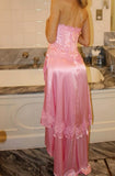 Ndyad Pink Strapless Sheath Satin Lace Applique Prom Dresses Fashion Bridesmaid Dresses HZ1024