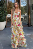 Ndyad Blue Spaghetti Strap Party Dress Printed Chiffon A-Line Evening Gowns HZ1024