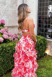 Ndyad Blue Spaghetti Strap Party Dress Printed Chiffon A-Line Evening Gowns HZ1024