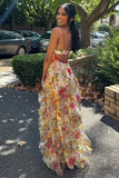 Ndyad Blue Spaghetti Strap Party Dress Printed Chiffon A-Line Evening Gowns HZ1024