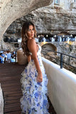 Ndyad Blue Spaghetti Strap Party Dress Printed Chiffon A-Line Evening Gowns HZ1024