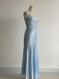 Ndyad Grey Blue Spaghetti Straps Mermaid Satin Beading Party Dress HZ1024