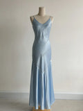 Ndyad Grey Blue Spaghetti Straps Mermaid Satin Beading Party Dress HZ1024