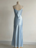 Ndyad Grey Blue Spaghetti Straps Mermaid Satin Beading Party Dress HZ1024